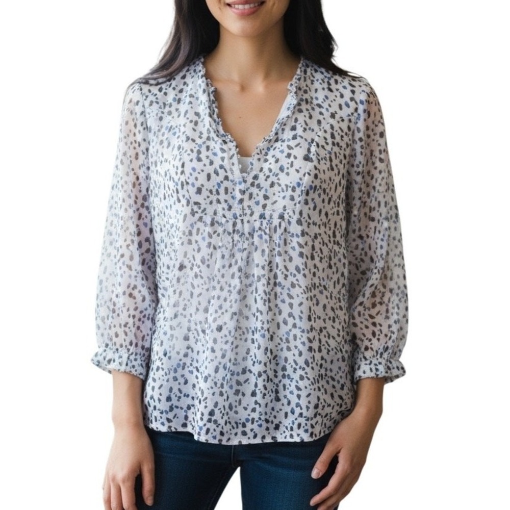 Diane von Furstenberg Silk Blue Black White Spotted 3/4 Sleeve Lined Top‎ - 6